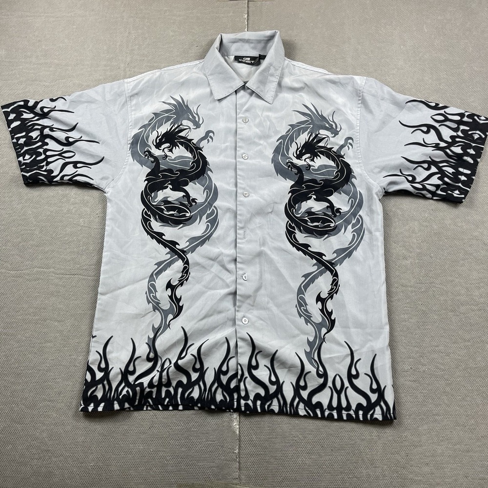 City Impact Shirt Mens Medium Gray Dragon Flames Fire Graphic Button Up Y2K‎
